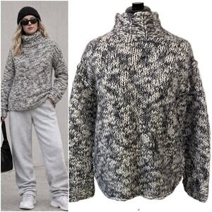 Vtg Hand Knit Mock Neck Black Ivory Chunky Knit Rolled Hem Slouchy Sweater M